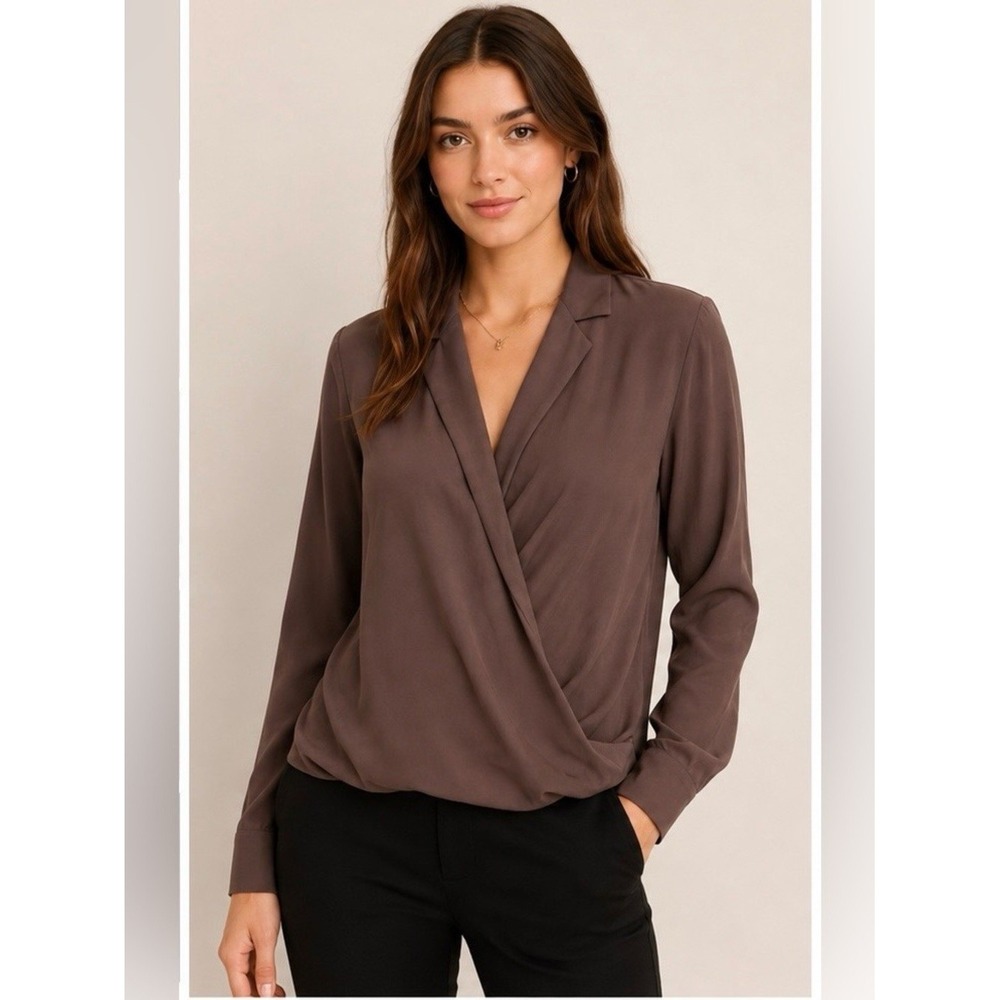 Banana Republic Draped Wrap Blouse Brown Taupe Long Sleeve Small